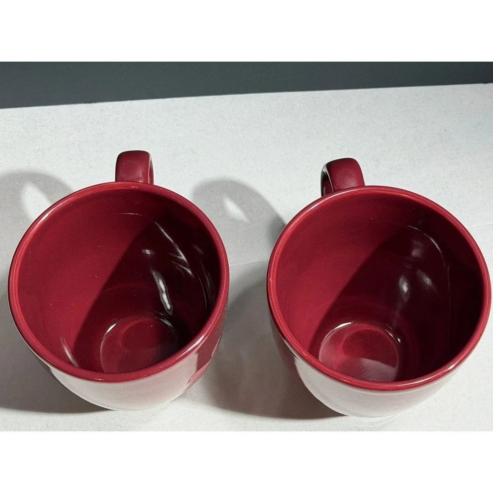 Pier 1 Red Floral Embossed Stoneware Coffee Mugs Set of 2 Deep Red Burgundy
